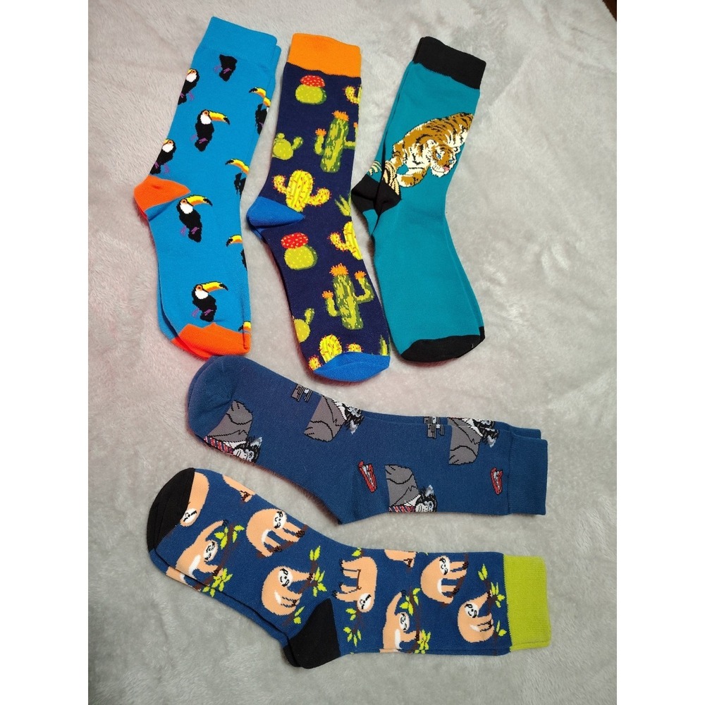 5 Pair Of Colorful Crew Dress Socks Men 7-10 Blues Green Animals Cactus Knit